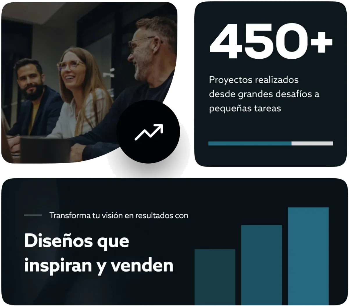 Equipo de Lobo Creaciones en una reunión, 450+ proyectos realizados